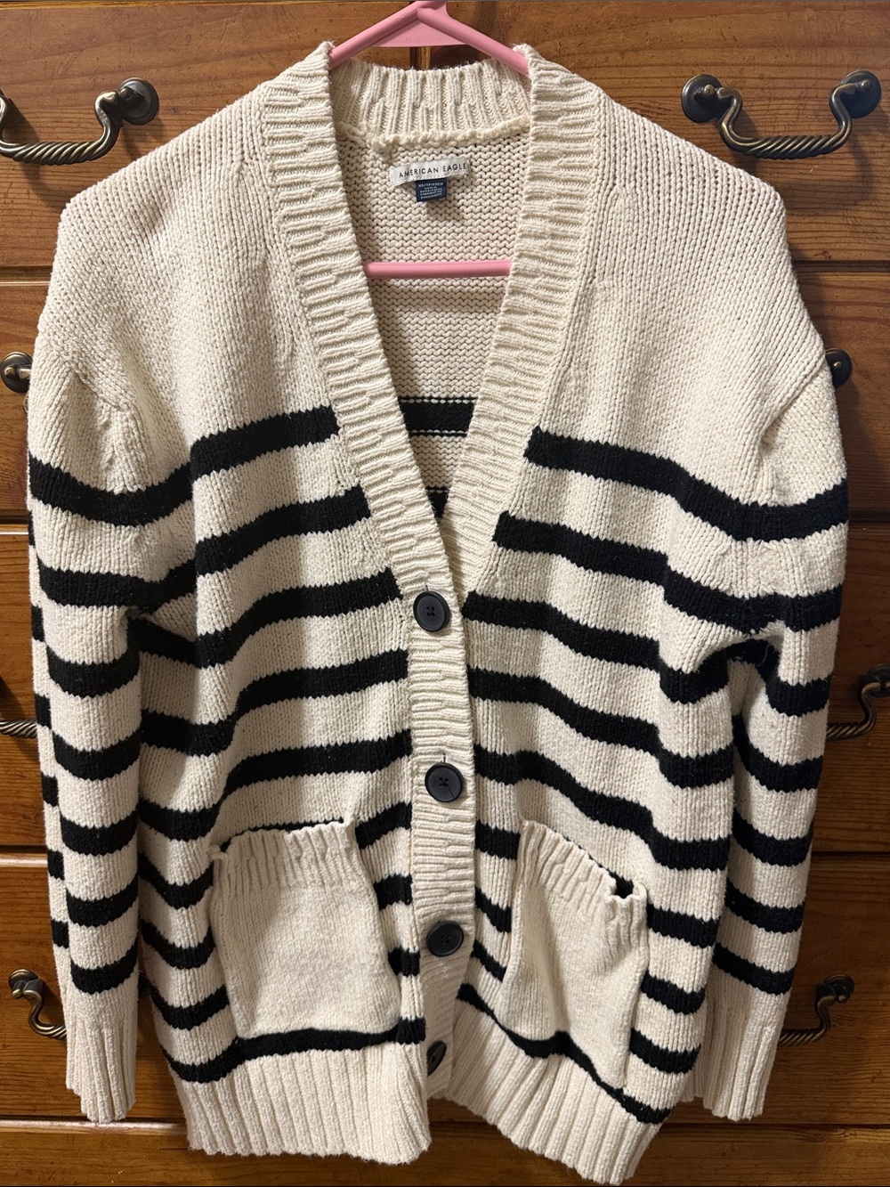 American Eagle Outfitters Cream and Black Striped Button-Up Cardigan Oversized